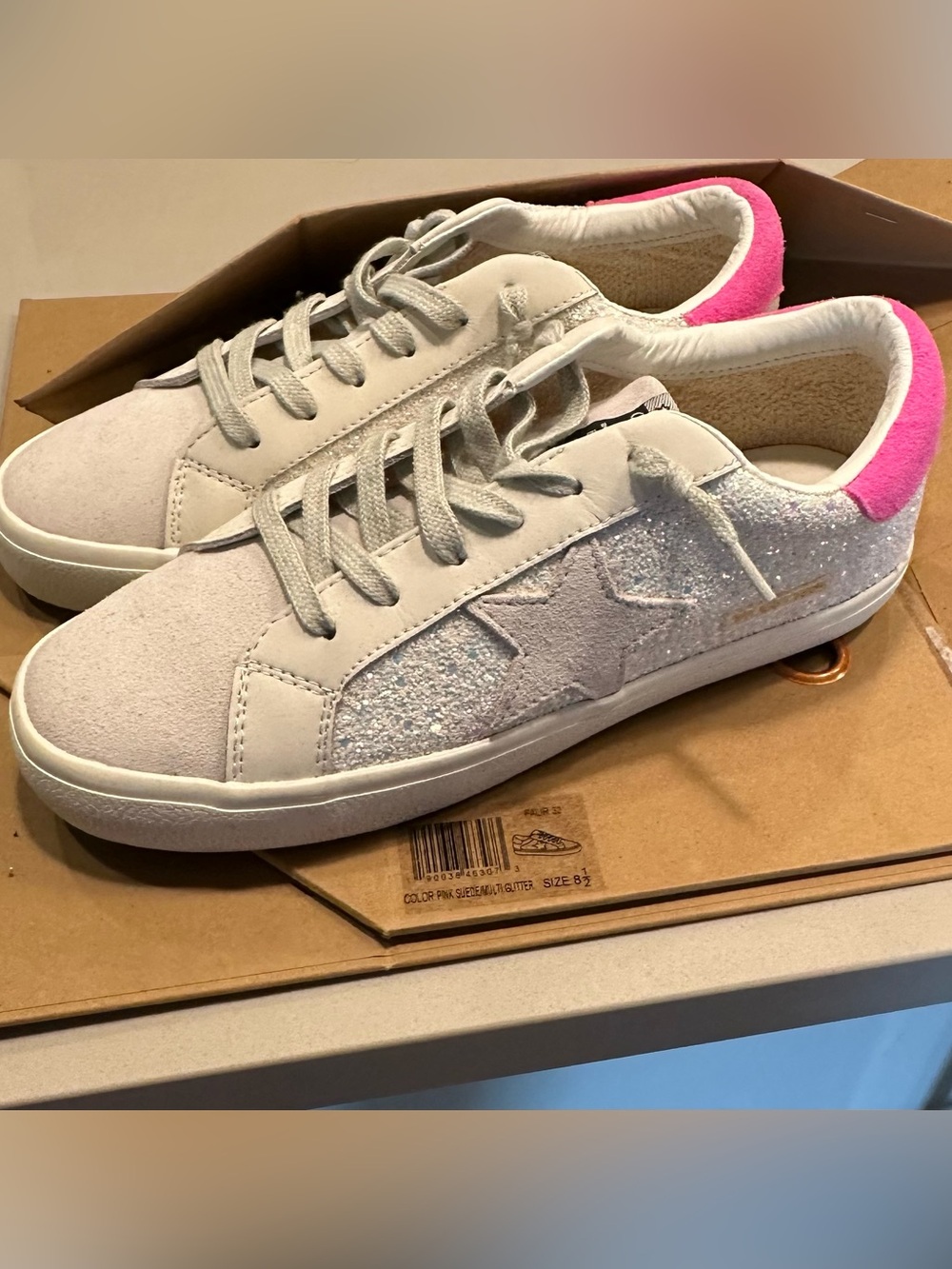 Vintage Havana - Women’s Glitter Star Suede Sneakers - White with Pink Accent